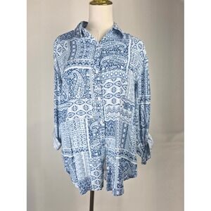 Gloria Vanderbilt Amanda Shirt Womens Medium Blue Button Up Paisley‎ Boho Chic
